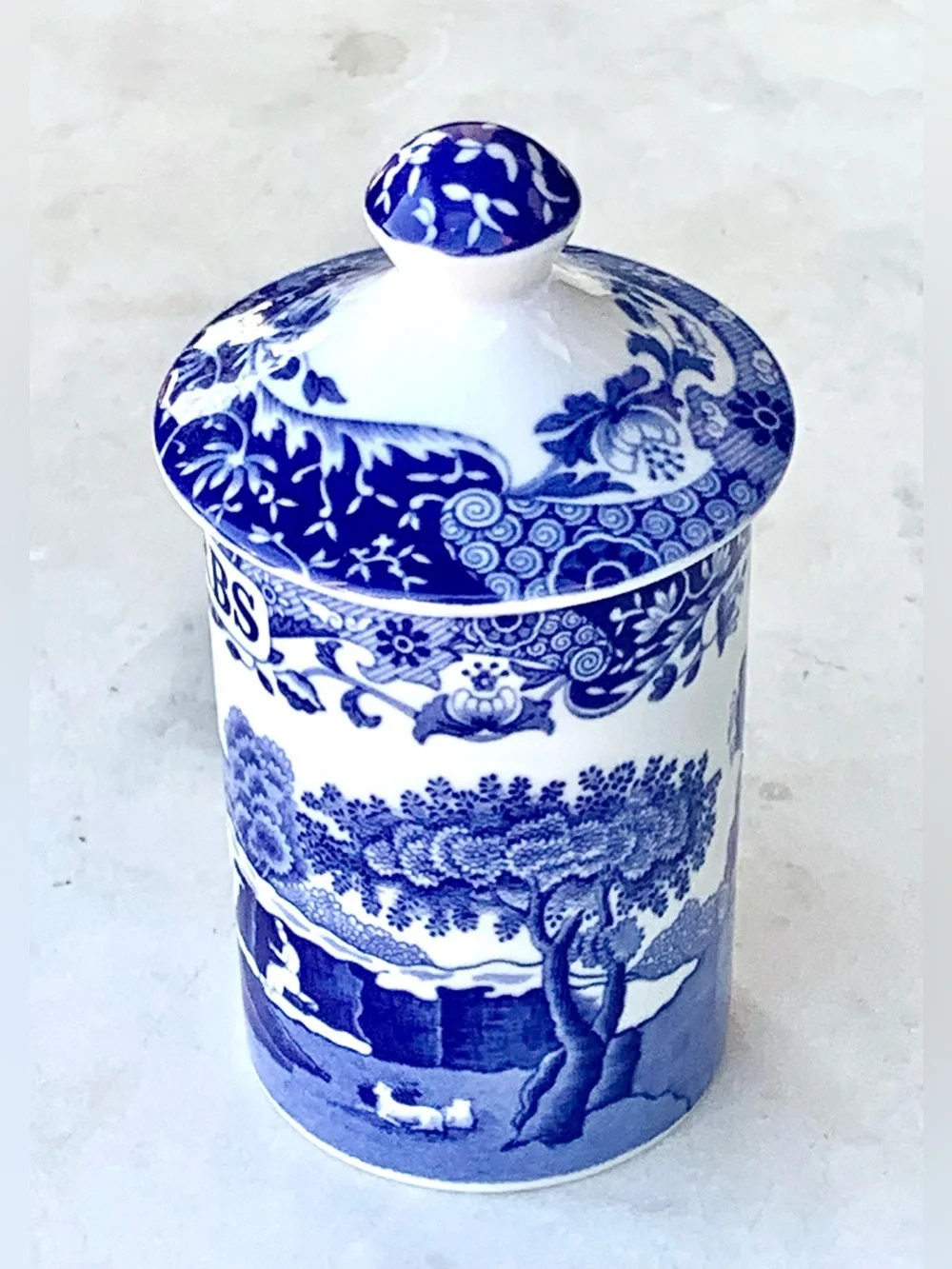 SPODE BLUE ITALIAN  Blue and White 'Mixed Herbs' Ceramic Spice Jar with Lid 4IN